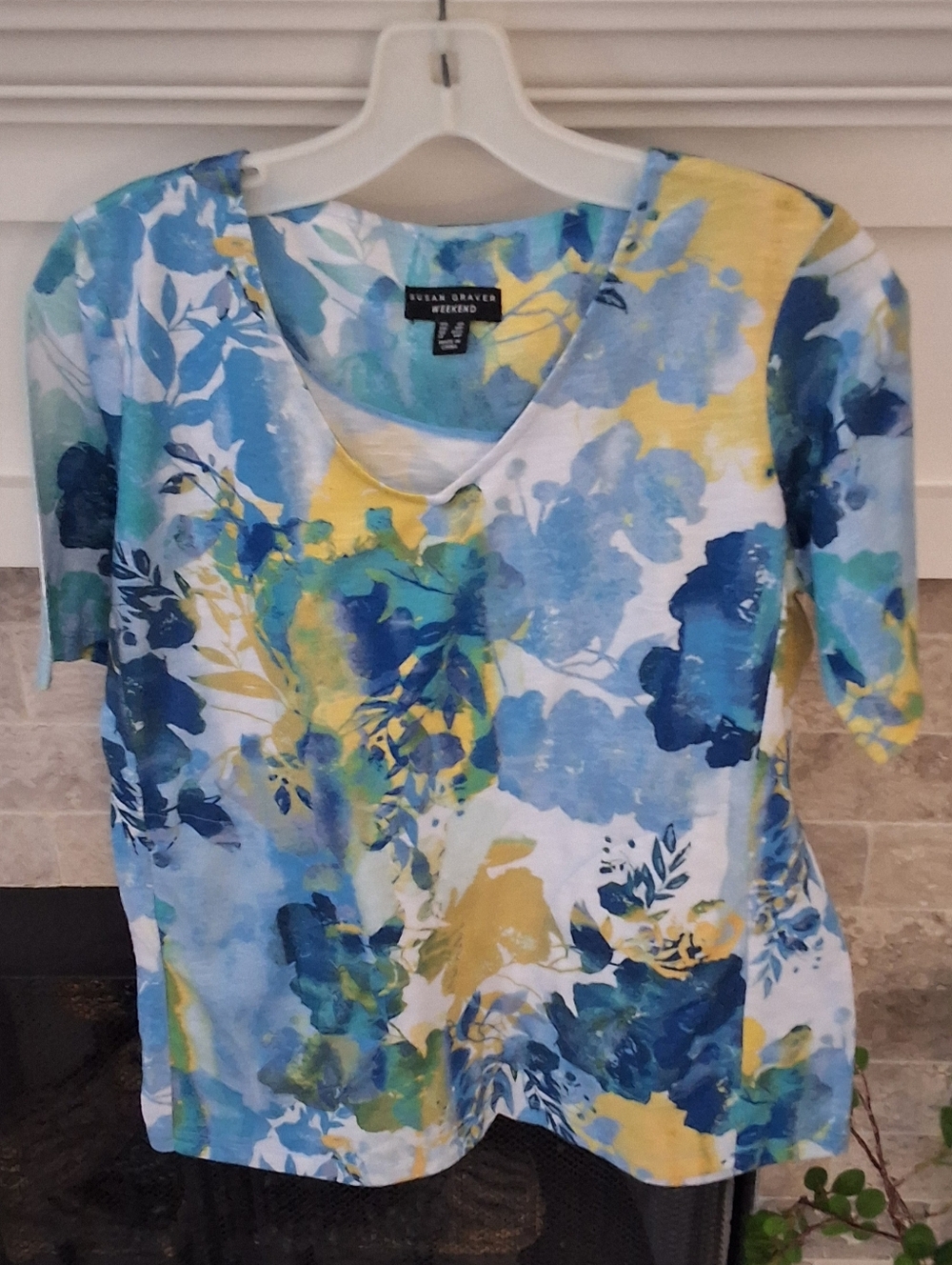 Susan Graver Blue and Yellow Floral V-Neck Short Sleeve Top